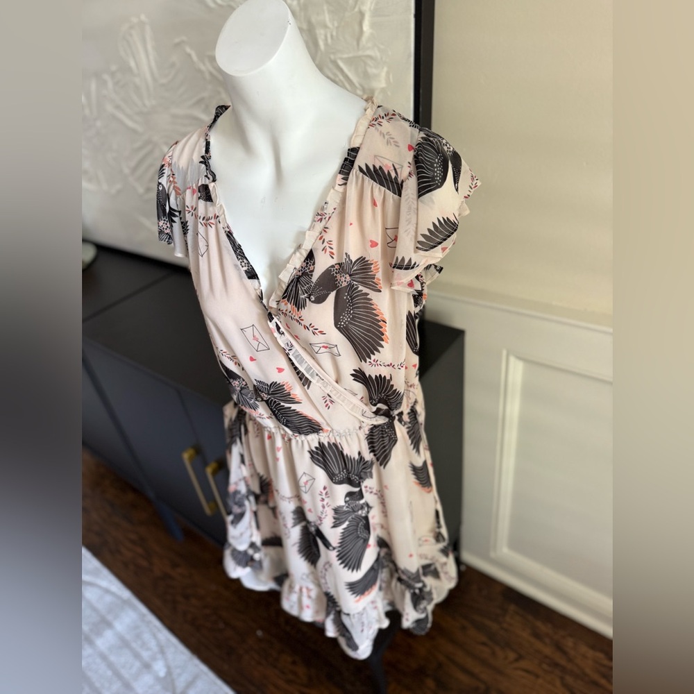 Rebecca Minkoff Elegant Blush Pink and Cream Dress with Black Bird Print